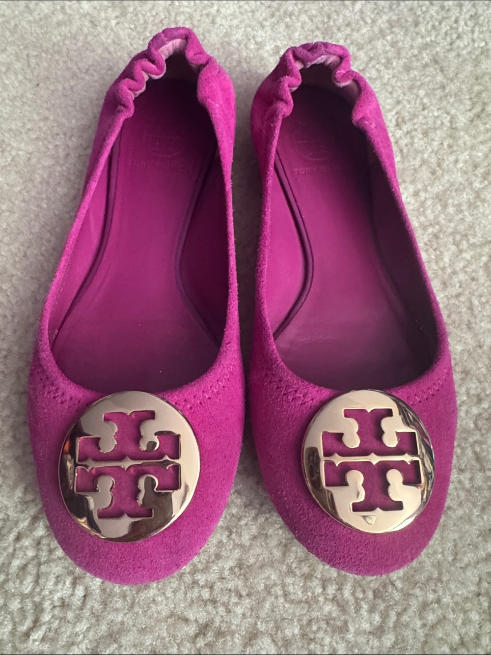 Tory Burch Magenta Suede Logo Round-Toe Flats